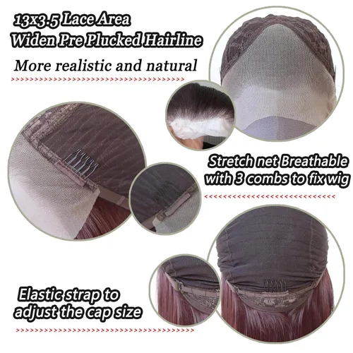 Miniatura 6 de 99J Peluca larga y lisa 99J color borgoña sintética con encaje frontal, predesfilada con línea de cabello natural para mujeres de moda, cabello