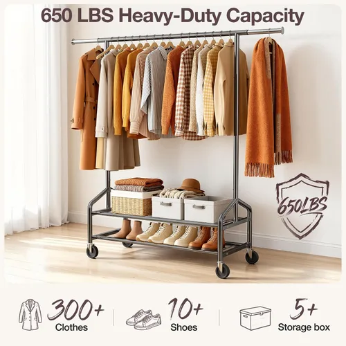 Miniatura 2 de Perchero de ropa resistente, 650 libras de carga para colgar ropa con 2 estantes resistentes, perchero de metal con ruedas para dormitorio