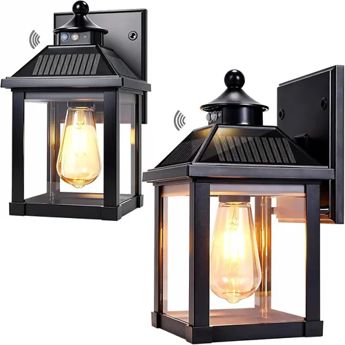 Paquete de 2 luces solares de pared para exteriores, luces LED de porche del atardecer al amanecer, sensor de movimiento, aplique solar impermeable