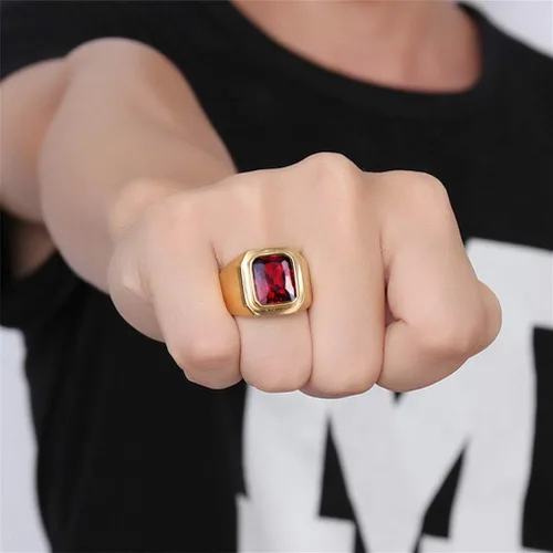 Miniatura 6 de PMTIER - Anillo de acero inoxidable chapado en oro con piedra cuadrada disponible en varios