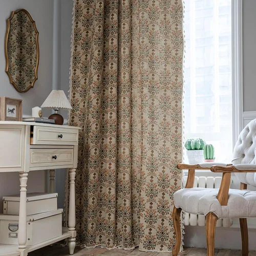 Miniatura 7 de BHUSB Cortinas rústicas para sala de estar de 63 pulgadas de largo, cortinas de ventana de lino y algodón con estampado floral bohemio, cortinas