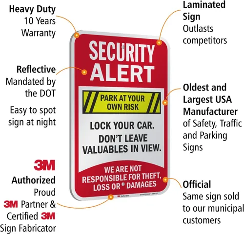 Miniatura 4 de SmartSign Letrero de metal con texto en inglés "Security Alert - Park At Your Own Risk, Lock Your Car, Not Responsible", aluminio de 63 mil, Letrero