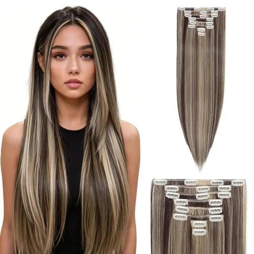 Miniatura 16 de S-noilite Extensiones de cabello sintético largo y lacio con clip de 23 a 26 pulgadas, 8 unidades, 18 clips, para mujeres, entrega de 2 a 5 días