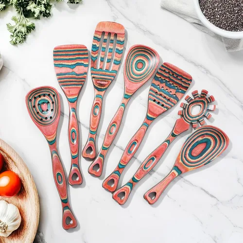 Miniatura 6 de Gudamaye Pakkawood - Juego de utensilios de cocina de madera de 7 piezas, cucharas de madera para cocinar, juego de utensilios de madera, cucharas