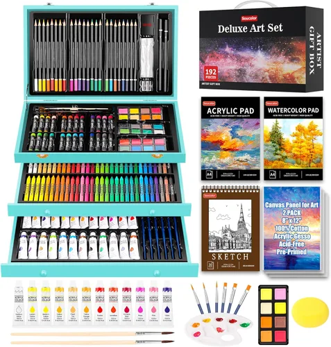 Soucolor Suministros de arte, paquete de 192 piezas de arte de lujo, suministros de pintura de dibujo, kit de arte con almohadilla acrílica, Verde