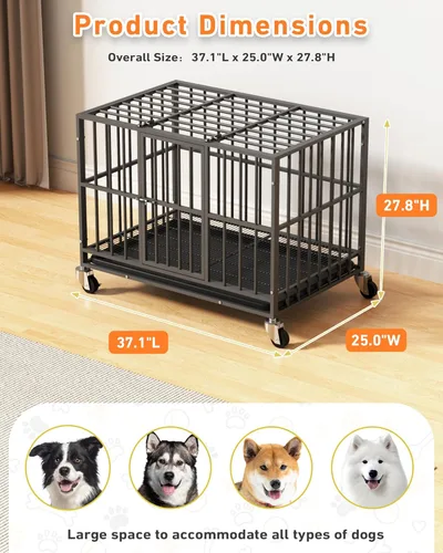 Miniatura 6 de Jaula para perros resistente de 38 pulgadas con puertas dobles y ruedas con cerradura, perrera grande para interiores, bandeja extraíble para una