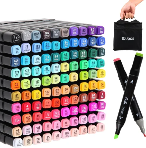 Kebuye Duet Point - Marcadores de licuadora para niños y adultos: marcadores profesionales permanentes de doble punta, 100 colores