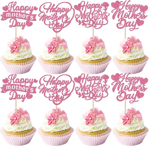 Miniatura 24 de Rsstarxi Paquete de 30 adornos dorados para cupcakes para el Día de la Madre con purpurina para el Día de la Madre, la mejor mamá del mundo