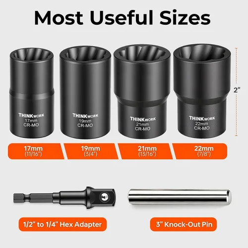 Miniatura 2 de THINKWORK Herramienta de extracción de tuercas de rueda de 1/2 pulgada, kit de extracción de bloqueo de rueda de 5 piezas, removedor de tuercas