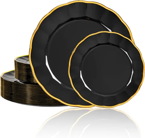 supernal 60 piezas Platos de Cumpleaños Negros y Dorados Platos de Plástico para Fiestas y Platos Desechables Elegantes Platos Festoneados