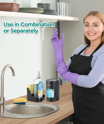 Miniatura 4 de Dispensador de jabón para platos 3 en 1 con soporte de esponja para fregadero de cocina (incluye una esponja), juego de dispensador de jabón de Negro
