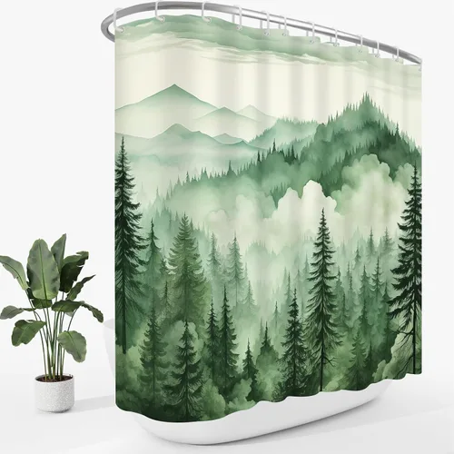 Miniatura 29 de Cortina de ducha pequeña de 36 x 72 pulgadas, cortina de medio tamaño de bosque brumoso, cortina de ducha estrecha mitad negra y blanca de montaña