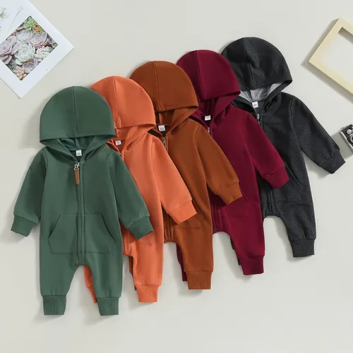 Miniatura 7 de AEEMCEM Mameluco de manga larga con capucha para bebé recién nacido, color liso, con cremallera, para otoño e invierno