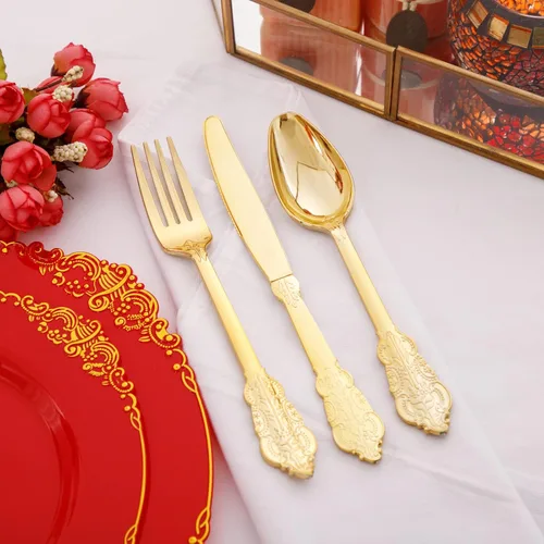 Miniatura 8 de Morejoy 175 platos de plástico rojo, platos desechables rojos con borde dorado, juego de vajilla de plástico rojo y dorado incluye: 50 platos, 25