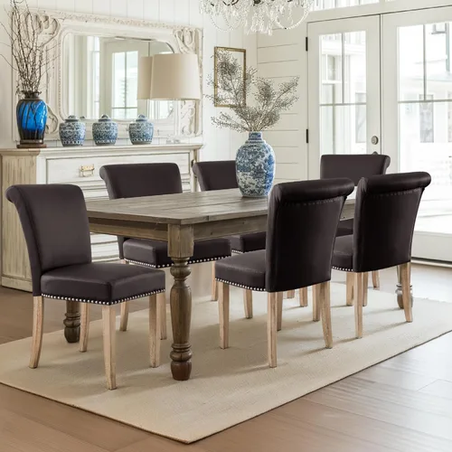 Miniatura 11 de CHUN YI Juego de 4 sillas de comedor tapizadas de piel sintética con ribete de cabeza de clavo y patas de madera, sillas laterales Parsons modernas