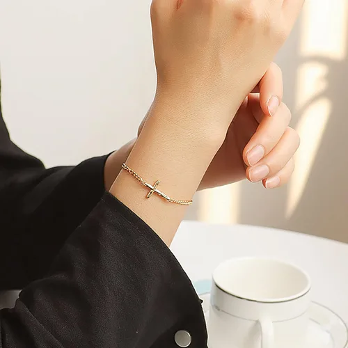 Miniatura 2 de Pulsera de cruz para mujer, chapada en oro de 18 quilates, pulsera de eslabones de cadena cubana, pulsera de oro para mujer, regalos de confirmación