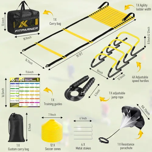 Miniatura 2 de Agility Ladder, Soccer Football Training Equipment Set - 20ft Speed Ladder, 4 Hurdles,Parachute, 12 Cones & Jump Rope Agility & Speed Training for