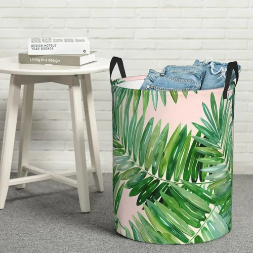 Miniatura 8 de Cesta de lavandería con hojas de palmera, organizador circular con asas para baño, dormitorio