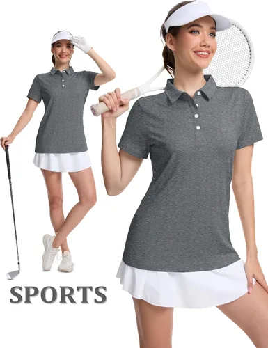 Miniatura 6 de MAGCOMSEN Camisas polo de manga corta para mujer, de secado rápido, camisetas de golf con cuello para trabajo, casual, 4 botones