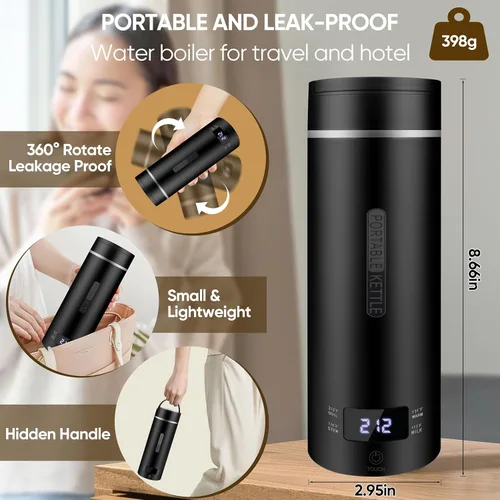 Miniatura 5 de Hervidor eléctrico portátil de viaje, calentador de café y té hervido con agua caliente, 15.2 fl oz, acero inoxidable 316, 4 preajustes de Negro