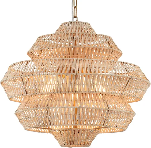 Candelabro de ratán tejido a mano de 22 pulgadas, 5 luces colgantes redondas ajustables estilo bohemio, lámpara colgante grande de latón estilo