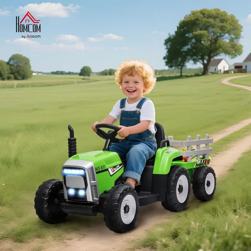 Miniatura 2 de Aosom Tractor de paseo de 12 V con remolque, motores duales de 25 W, tractor eléctrico a batería con control remoto, sonido de arranque de música