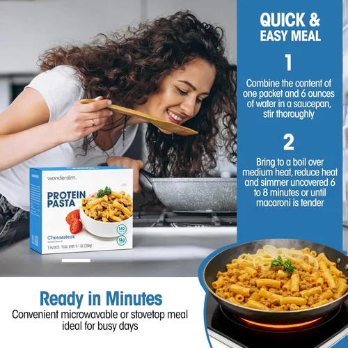 Miniatura 3 de WonderSlim Pasta de Proteína, Macarrones con Queso y Filete, 140 Calorías, 12g de Proteína (7 unidades)