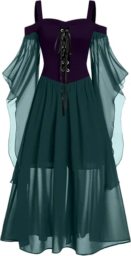 Miniatura 4 de Vestido gótico renacentista para mujer, disfraz de Halloween, hombros descubiertos, encaje y manga de trompeta, vestido medieval steampunk