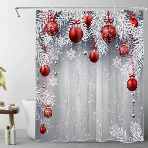 Miniatura 11 de LB Pink Christmas Shower Curtain Sets with Rugs Snowflake and Fir Twigs with Xmas Ball on Rustic Grey Wood Fabric Shower Curtain with Hooks Winter