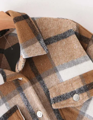 Miniatura 4 de Tanming - Chaquetas de franela cepillada para mujer, a cuadros, con botones, solapas y bolsillos, camisa tipo chaqueta