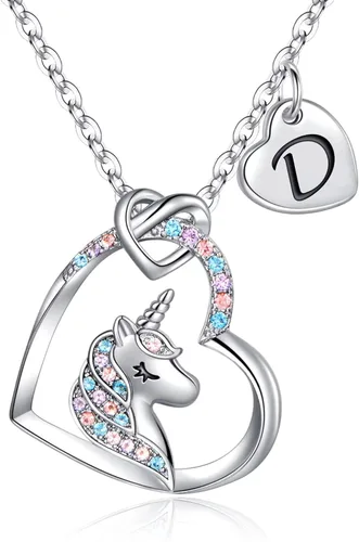Collar de unicornio para niñas, chapado en oro de 14 quilates, oro blanco, oro rosa, colgante de corazón de circonita cúbica colorido, collar de