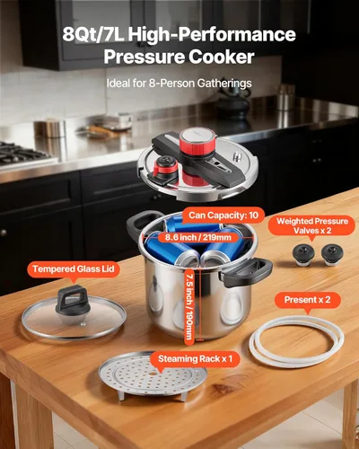 Miniatura 4 de VEVOR Olla a presión, olla a presión de 8 cuartos de galón, acero inoxidable, recipiente a presión con estante para vapor, tapa de vidrio templado
