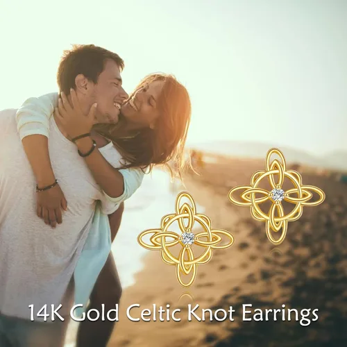 Miniatura 5 de Aretes de nudo de bruja de oro de 14 quilates para mujer, aretes de oro amarillo con nudo celta, aretes de tuerca de oro sólido, brujas triquetra