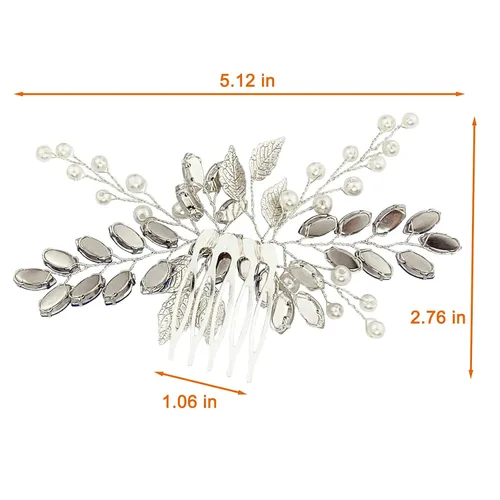 Miniatura 6 de Peine para el cabello de novia de boda, perlas de diamantes de imitación, hojas plateadas, accesorios para mujeres y niñas, fiesta de regreso a casa