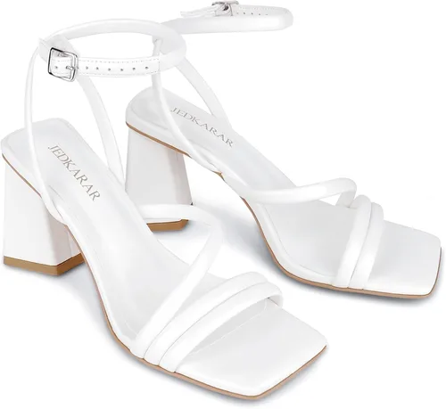 Miniatura 3 de JEDKARAR Tacones gruesos para mujer con correa de tobillo, puntera abierta y diseño de tacón de bloque, para bailar, citas, bodas, cumpleaños, uso