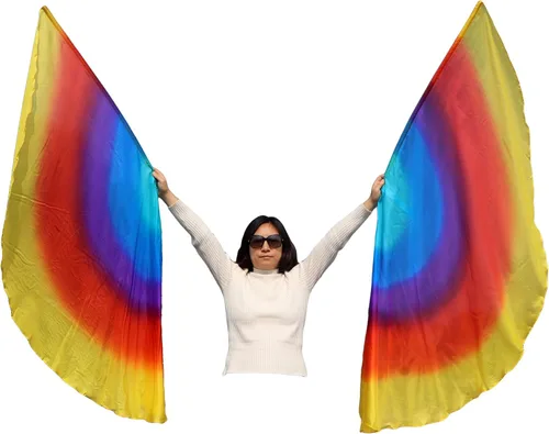 Miniatura 22 de Winged Sirenny Banderas de seda de ala de ángel de adoración de 70 pulgadas con varillas flexibles, bandera de seda translúcida circular pintada a