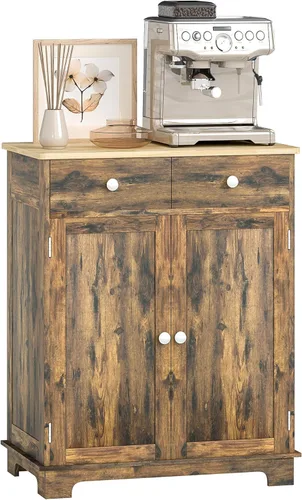 Miniatura 22 de HOMCOM Aparador de buffet con encimera de madera maciza, gabinete de almacenamiento de cocina moderno, gabinete de barra de café con 2 cajones, Negro