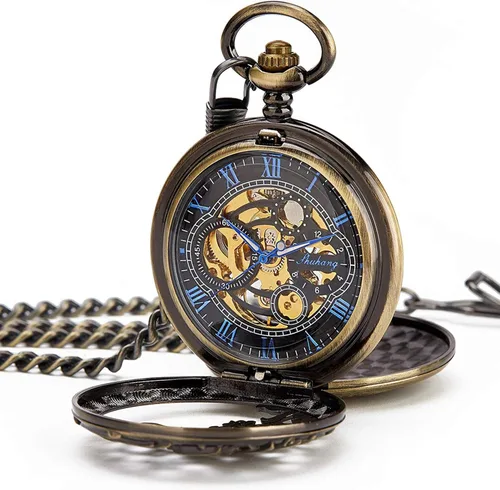 Miniatura 2 de Carrie Hughes Men Mechanical Pocket Watch with Chain Lucky Dragon Steampunk Skeleton Hunter Double Open in Box CHPW10