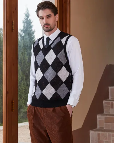 Miniatura 8 de Kallspin Suéter tipo chaleco con rombos para hombre, mezcla de lana, cuello en V, sin mangas