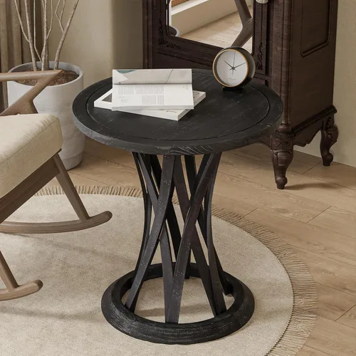 Miniatura 5 de COZAYH Mesa auxiliar redonda de granja con base de pedestal entrecruzada, mesa auxiliar con acabado envejecido, mesa decorativa rústica para sala