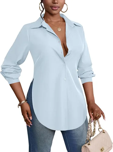 Miniatura 4 de Rooscier Blusa larga con cuello en V para mujer, manga larga, abertura lateral, con botones