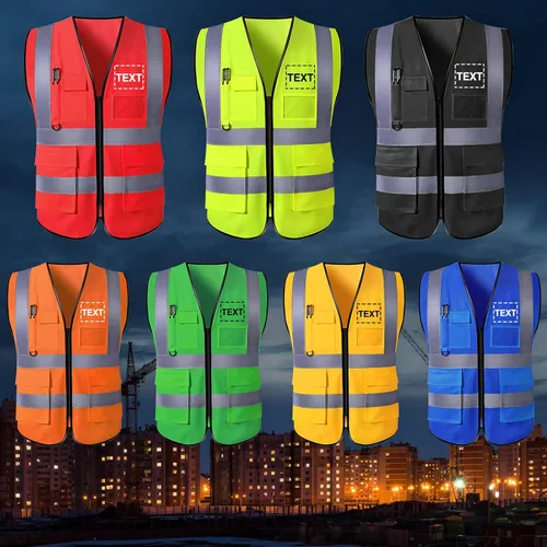 Miniatura 2 de Chaleco de seguridad personalizado para hombre, ropa de trabajo de protección de alta visibilidad, 5 bolsillos, clase 2 con tira reflectante Negro