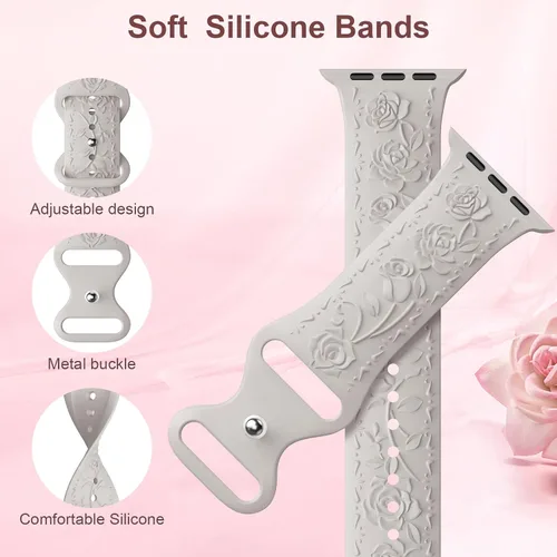 Miniatura 3 de 3 Packs Floral Engraved Bands Compatible with Apple Watch Band 40mm 41mm 38mm 42mm 44mm 45mm 49mm for Women, Silicone Cute Embossed Rose Apple Watch