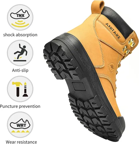 Miniatura 3 de Botas de trabajo con punta de acero para hombre, 6 pulgadas, cuero de grano completo, aislamiento eléctrico, antideslizantes, resistentes a