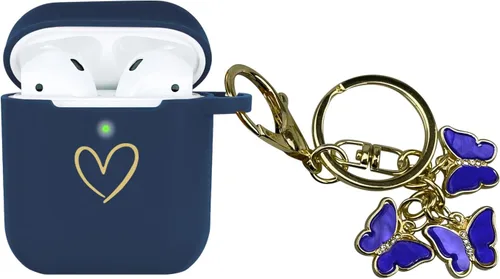 Funda compatible con AirPods, funda de silicona suave con patrón de corazón dorado para AirPods de 2 y 1 generación con bonito llavero de mariposa