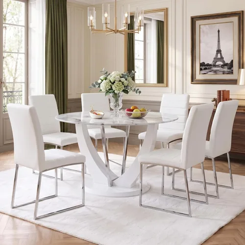 Miniatura 44 de Juego de mesa de comedor redonda para 4, mesa moderna de 48" con tapa de mármol sintético falso y pedestal brillante negro, juego de mesa de cocina