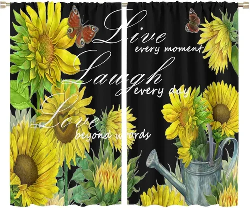 Miniatura 32 de Cortinas opacas con diseño de girasol, rústico, con diseño de girasol, mariposa, verde, amarillo, negro, para niñas, mujeres, dormitorio, sala