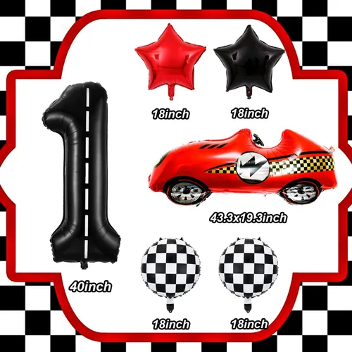 Miniatura 2 de Decoraciones de cumpleaños de carreras de 1 año, globos rojos grandes de coche de carreras de 40 pulgadas, globo negro número 1, globo a cuadros