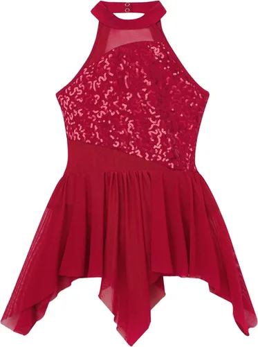 Miniatura 3 de YiZYiF Vestido de baile de lentejuelas para niños y niñas, leotardo de ballet, cuello alto, vestido lírico, traje de rendimiento irregular