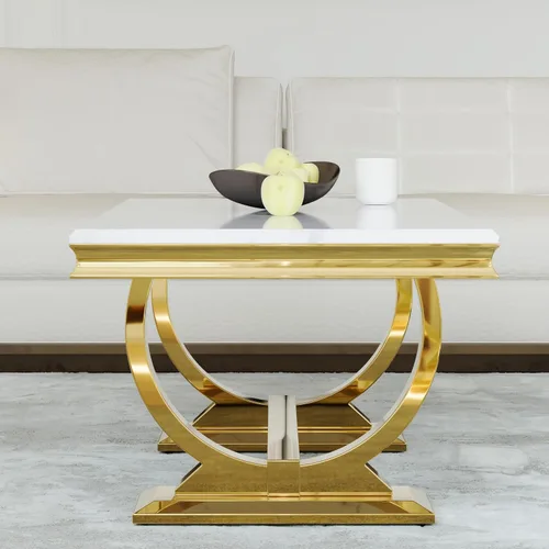 Miniatura 8 de Asday Mesa de centro dorada y blanca, mesa de centro rectangular de mármol dorado, mesa central elegante de lujo para sala de estar, pasillo